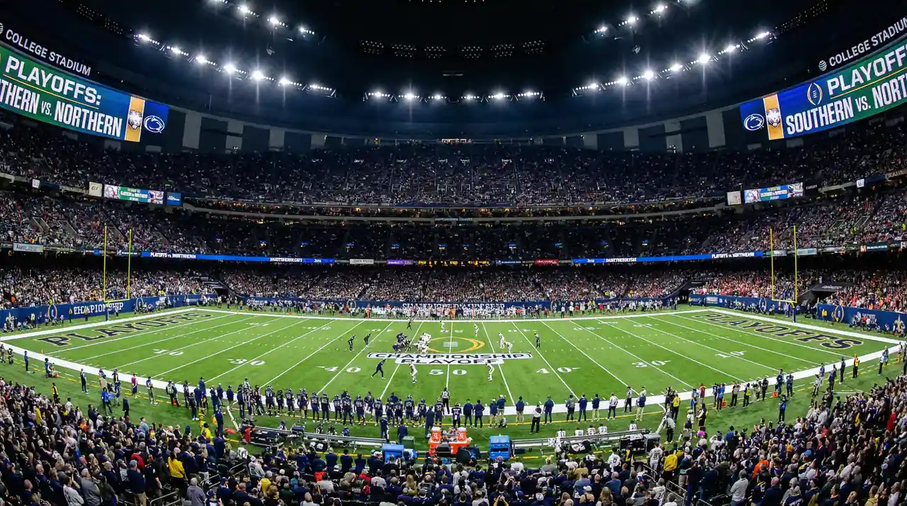 Estadio de fútbol americano universitario durante un partido del College Football Playoff con afición en las gradas