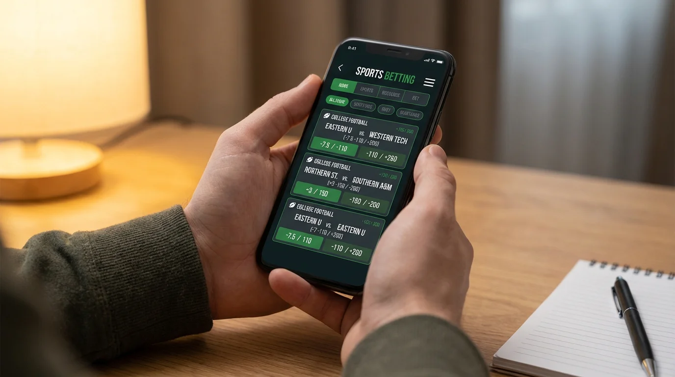 Pantalla de sportsbook mostrando tipos de apuestas en college football: spread, moneyline y over/under